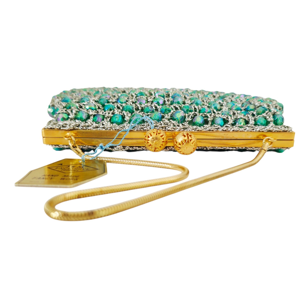 VINTAGE *NEW* 1960's Hand-Made Fancy Beaded Purse Green & Silver w/Gold Strap