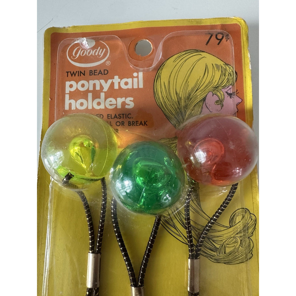 VINTAGE *NEW* 1972 Goody XL Twin Bead Ponytail Holders Elastic Hair Ties #7691/6