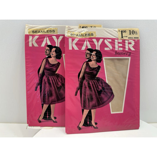 VINTAGE *NEW* 1960's Kayser Hosiery Seamless-Shell Beige Sz 10.5 2-Pack