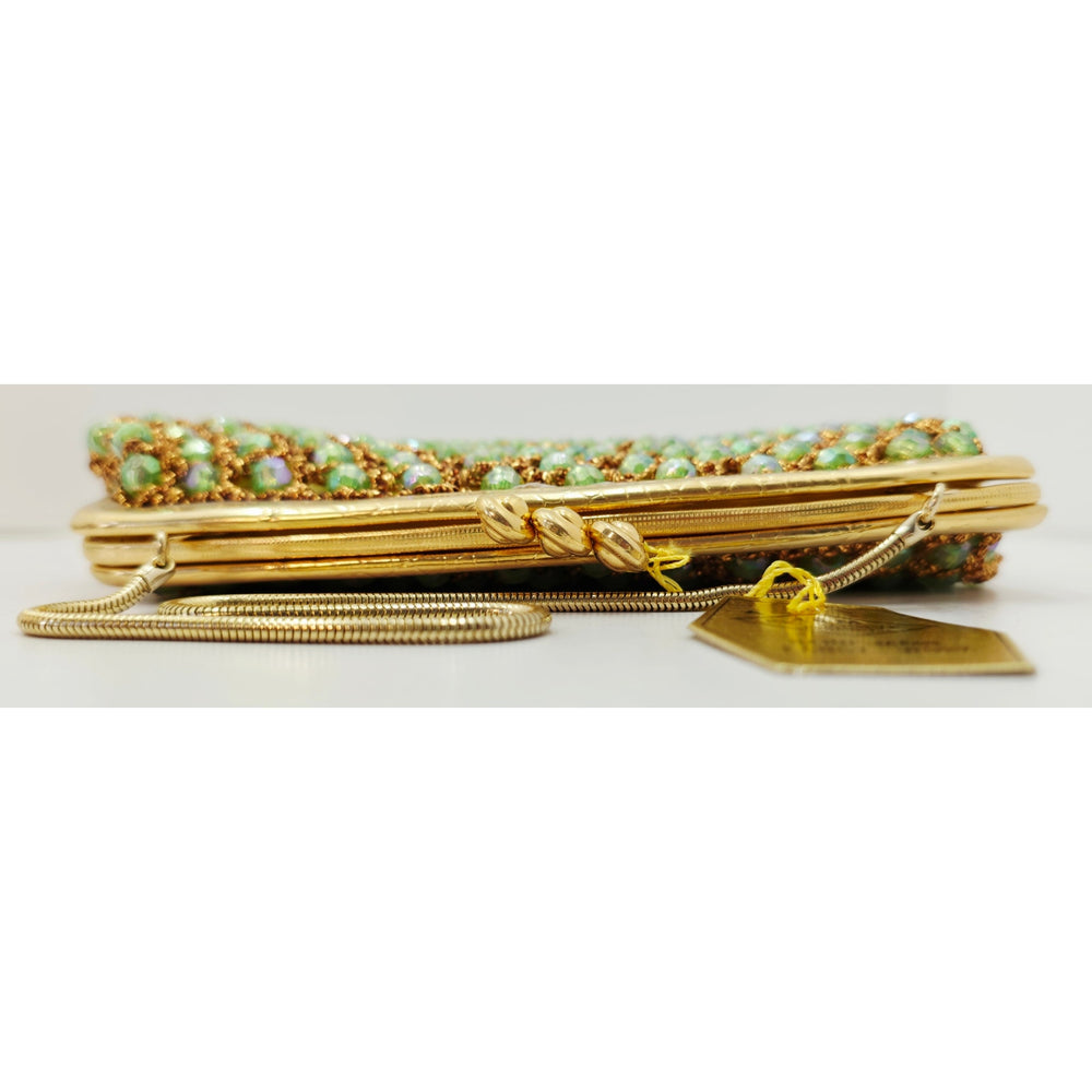 VINTAGE *NEW* 1960's Hand-Made Fancy Beaded Green Purse with Gold Strap