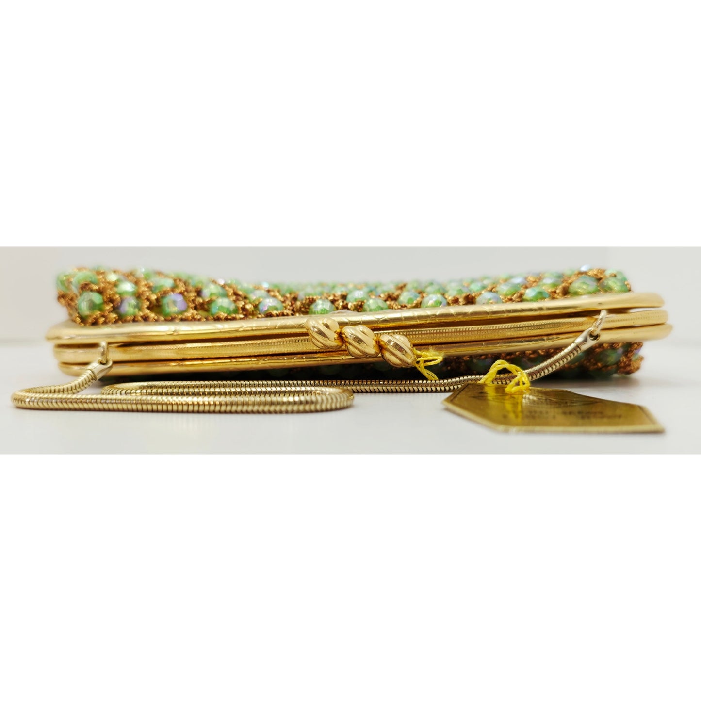 VINTAGE *NEW* 1960's Hand-Made Fancy Beaded Green Purse with Gold Strap