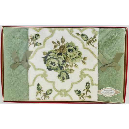 VINTAGE *NEW* 1960's Golden Crown Decorative Guest Towels Green with Flowers Set 3