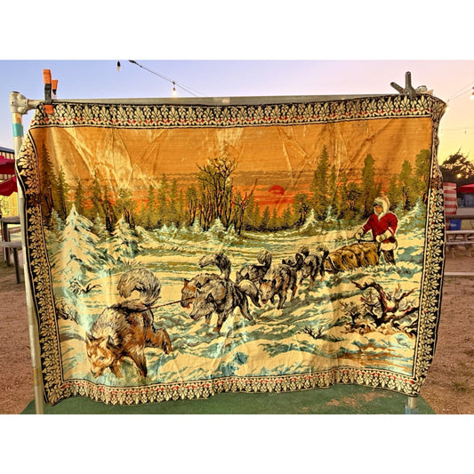 VINTAGE *PRISTINE* 1960's Dog Sledding Italian Velvet Tapestry