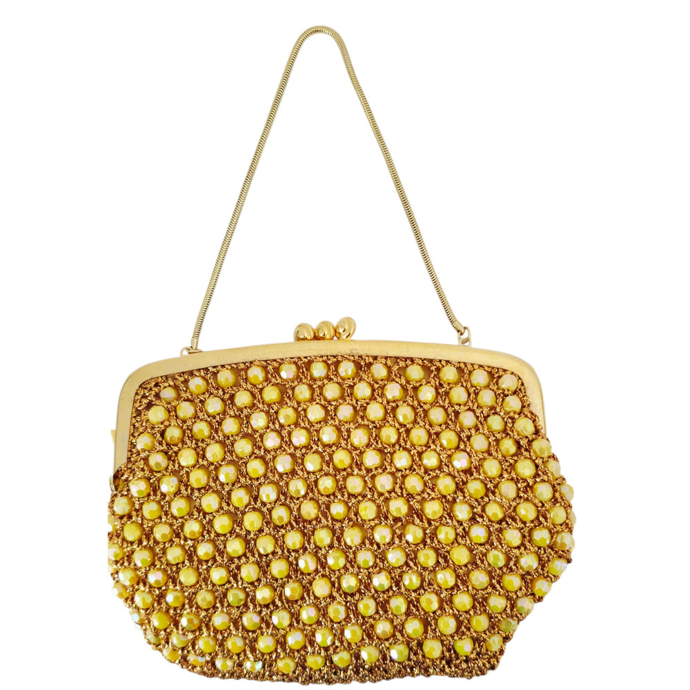 VINTAGE *NEW* 1960's Hand-Made Fancy Beaded Purse Yellow with Gold Strap