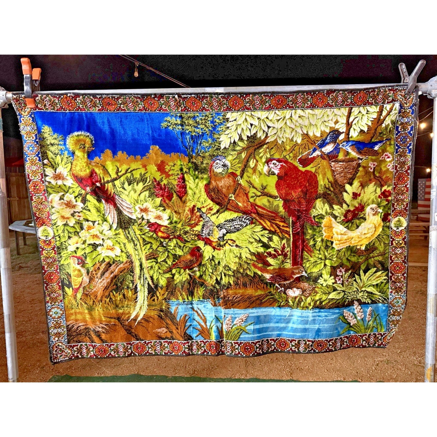 VINTAGE *PRISTINE* 1960's "Parrots in The Forest" Lebanese Velvet Tapestry