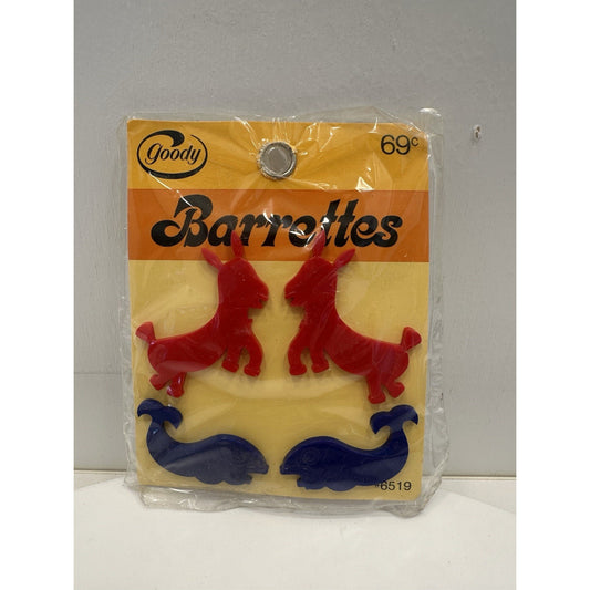 VINTAGE *NEW* 1975 Goody 6519 Barrettes w/Donkeys and Whales Rd/Bl