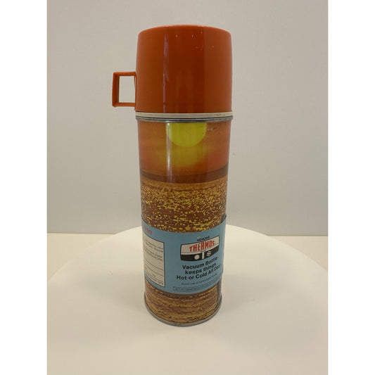 VINTAGE *NEW* 1977 Thermos #2210 Beach Theme with Orange Lid Vacuum Bottle 14.4oz USA