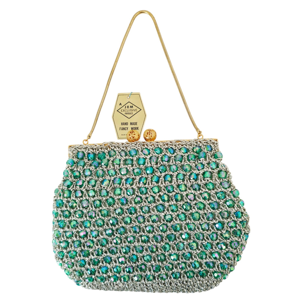 VINTAGE *NEW* 1960's Hand-Made Fancy Beaded Purse Green & Silver w/Gold Strap