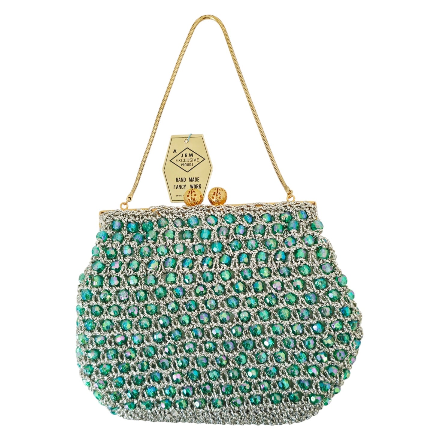 VINTAGE *NEW* 1960's Hand-Made Fancy Beaded Purse Green & Silver w/Gold Strap