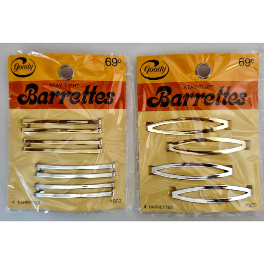 VINTAGE *NEW* 1975 Goody Silver and Gold Stay-Tight Barrettes #903 Set of 8 USA