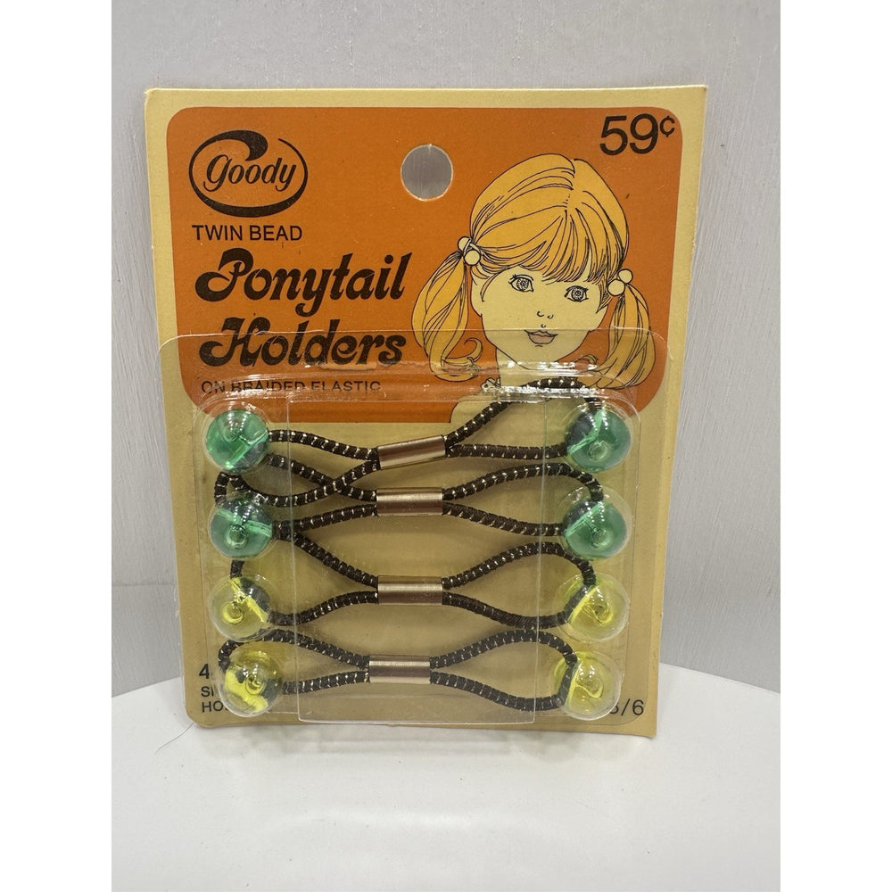VINTAGE *NEW* 1975 Goody #4688/6 Small Twin Bead Ponytail Holders Set of 4 Gr/Ye