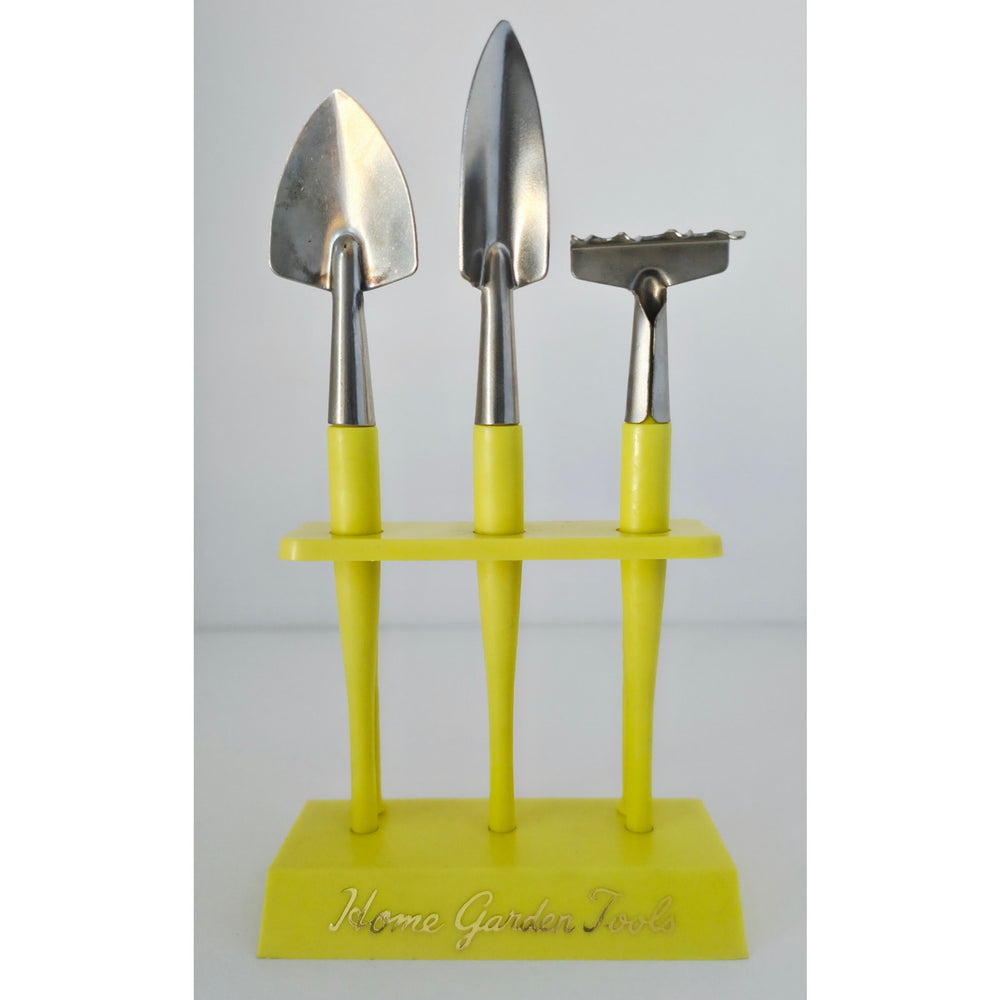 VINTAGE *NEW* 1970's Mini Hone Garden Tools with Stand Set of 3 Hong Kong
