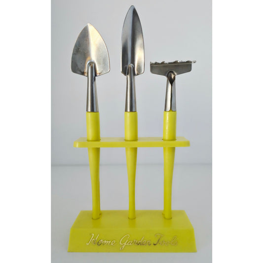 VINTAGE *NEW* 1970's Mini Hone Garden Tools with Stand Set of 3 Hong Kong