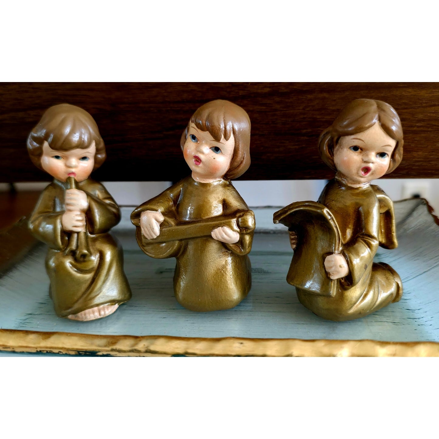 VINTAGE *NEW* 1960's Commadore Happy Time Set of 3 Gold Singing Angel Figurines