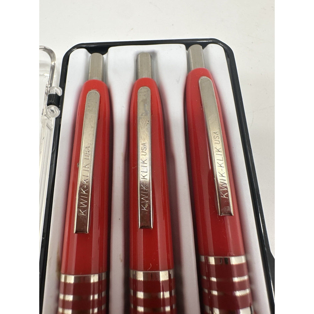 VINTAGE *NEW* Set of 3 Kwik Klik Ballpoint Pens in Case Red/Silver USA