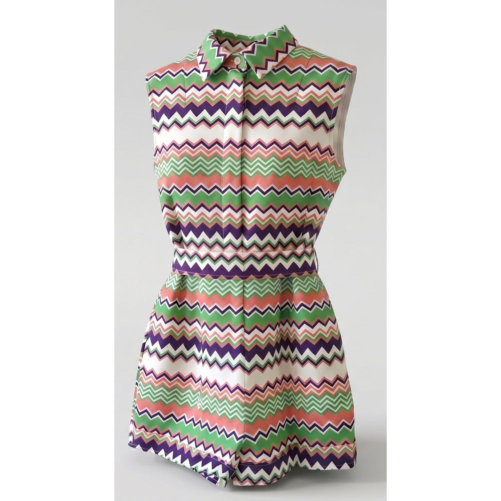 VINTAGE *NEW* 1960's Green & Pink Chevron Print Romper with Belt Size 16 Japan