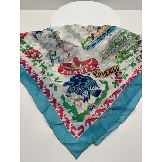 VINTAGE *NEW* 1950's "Juarez" Hand-Rolled Silk Rayon Scarf with Blue Trim 31" x 31"