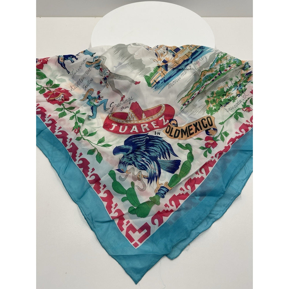VINTAGE "NEW" 1950's "Juarez" Hand-Rolled Silk Rayon Scarf 31" x 31" - Blue Trim