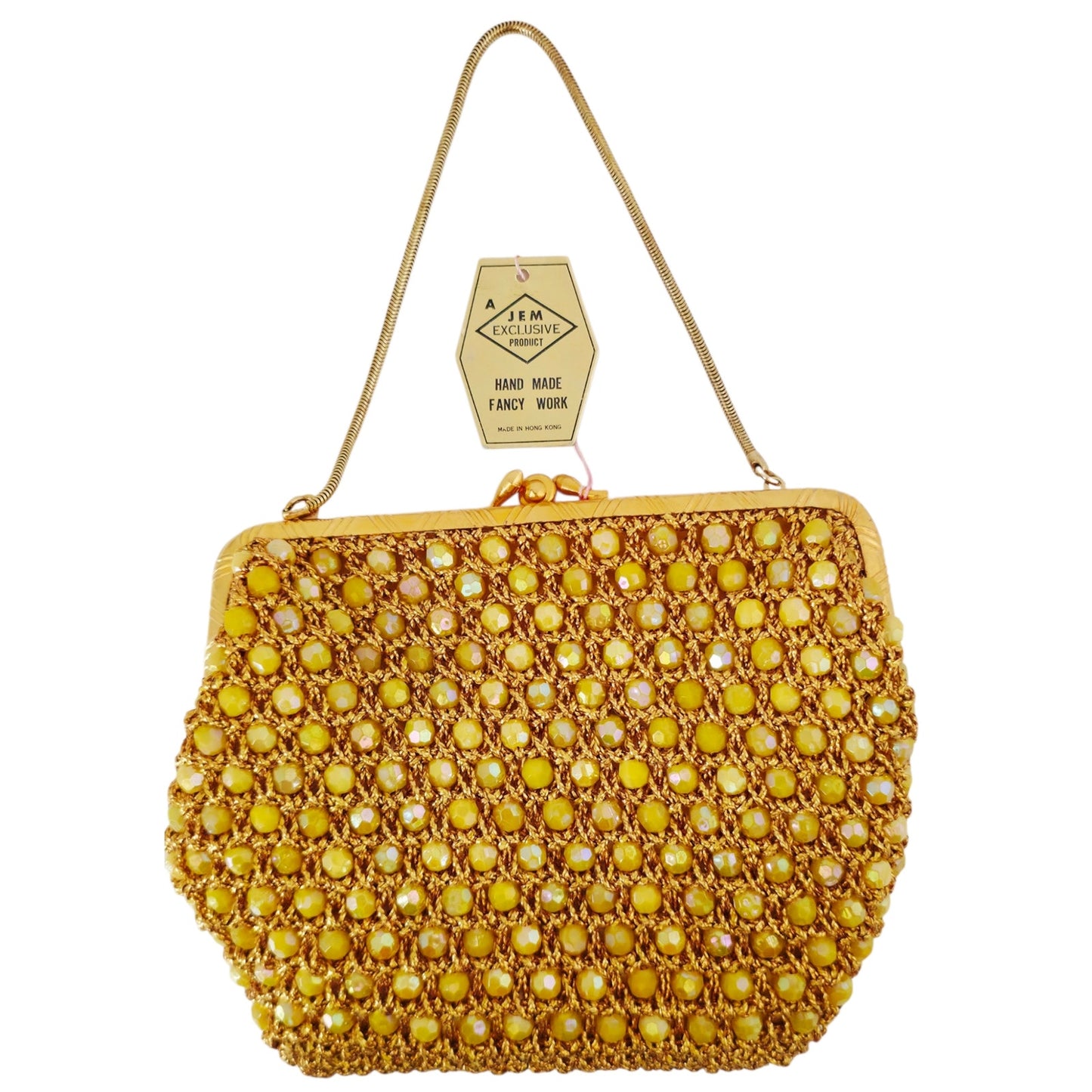 VINTAGE *NEW* 1960's Hand-Made Fancy Beaded Purse Yellow with Gold Strap