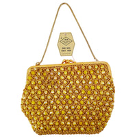 VINTAGE *NEW* 1960's Hand-Made Fancy Beaded Purse Yellow with Gold Strap