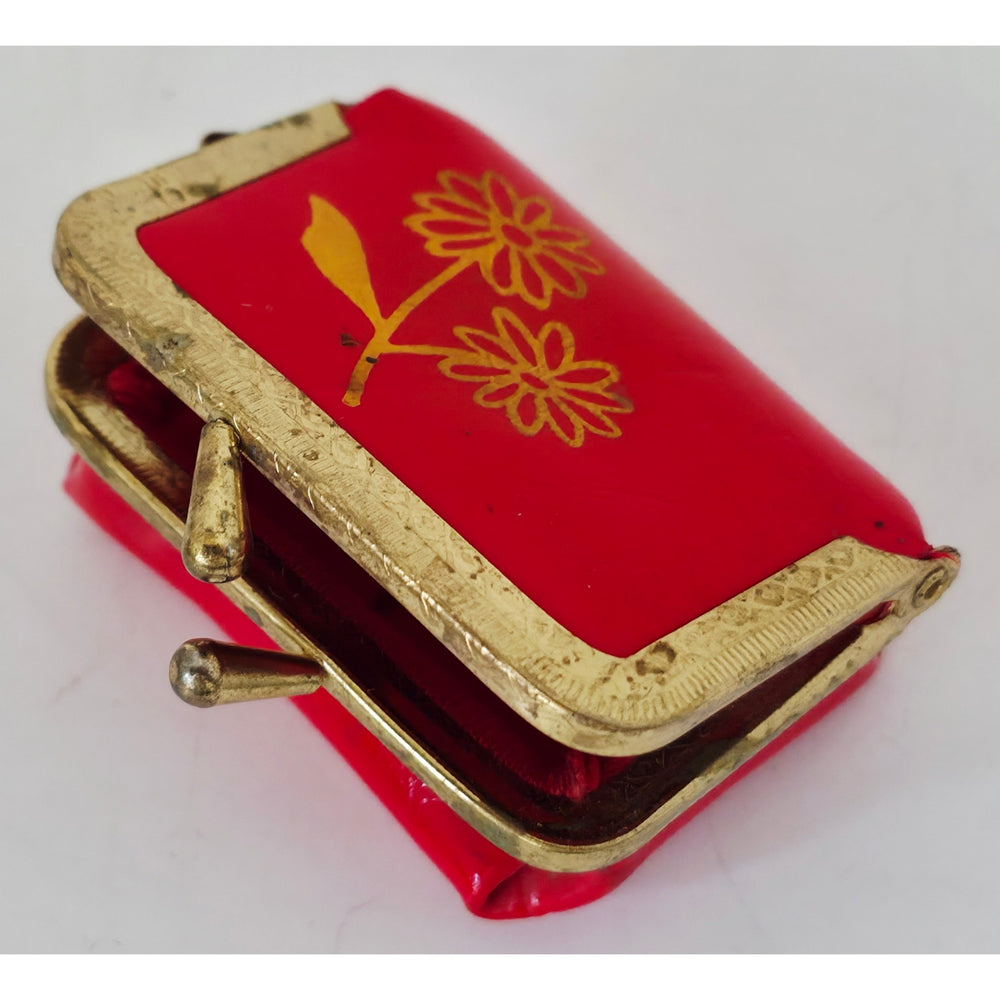 VINTAGE *NEW* 1960's Red with Gold Flowers and Inside Mirror Change Purse