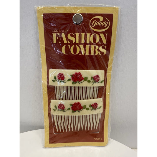 VINTAGE *NEW* 1975 Goody 8161 Kant-Slip Fashion Combs w/Red Roses USA