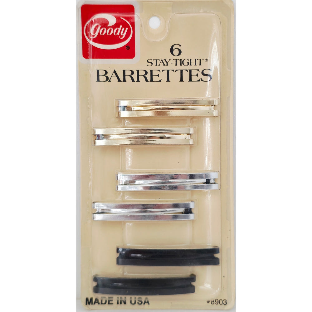 VINTAGE *NEW* 1982 Goody 6 Stay-Tight Barrettes Silver Black Gold # 8903