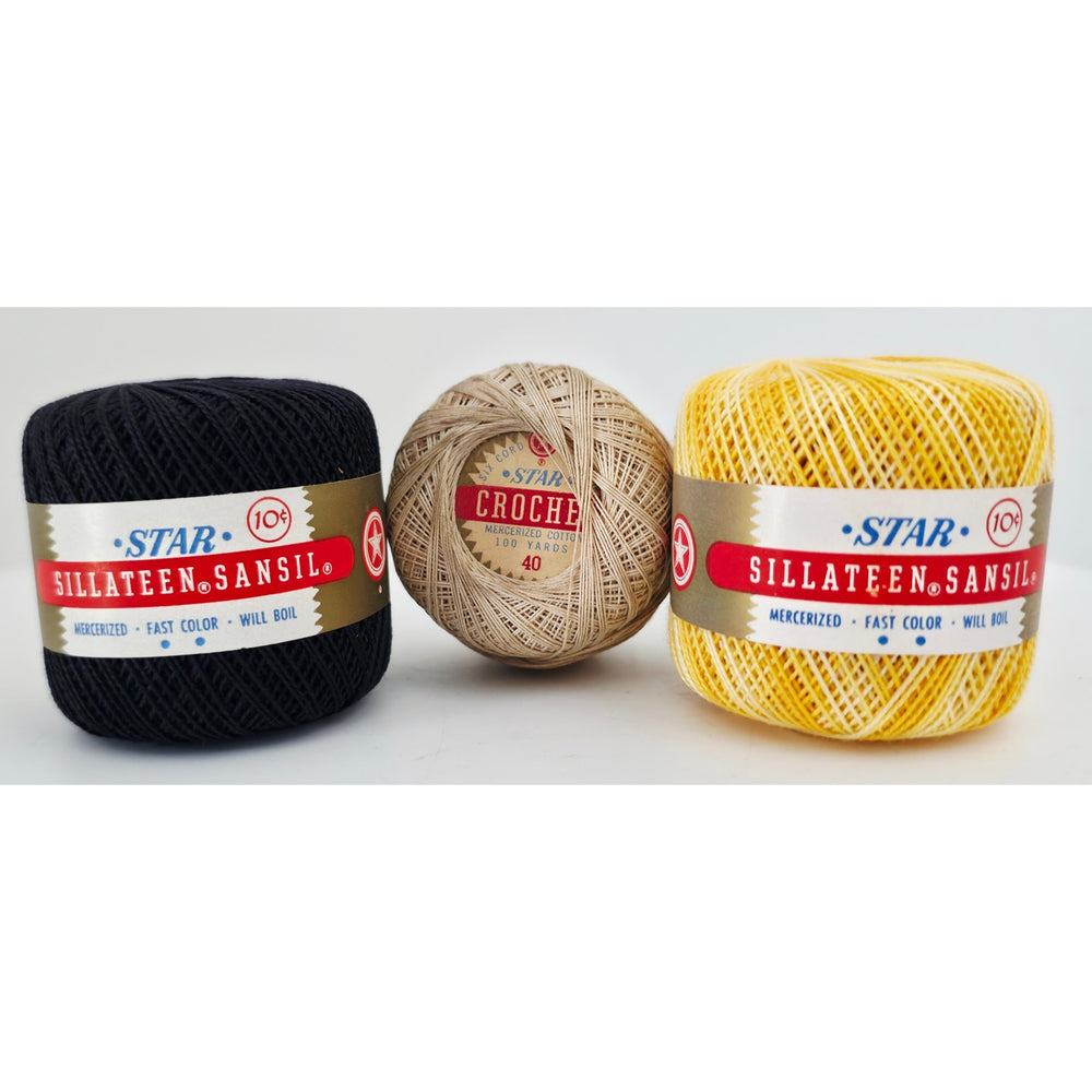 VINTAGE *NEW* 1960's Sillateen Yellow/Black/Beige Cotton Thread 43-75 Yds 12pk