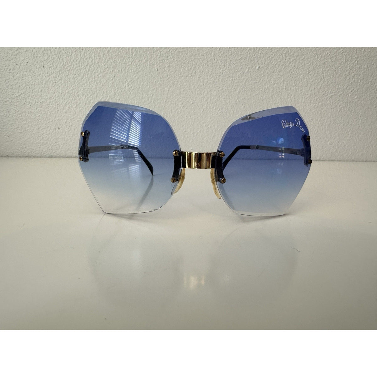 VINTAGE NEW 1970's Chrys Dior Gold Folding with Blue Lens Sunglasses & Case
