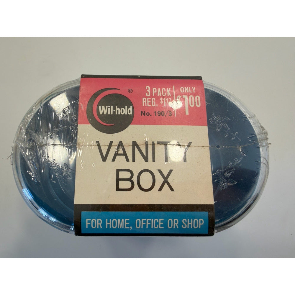 VINTAGE *NEW* 1970's Plastic Vanity Box Set of 3 Lidded Dresser Organizer