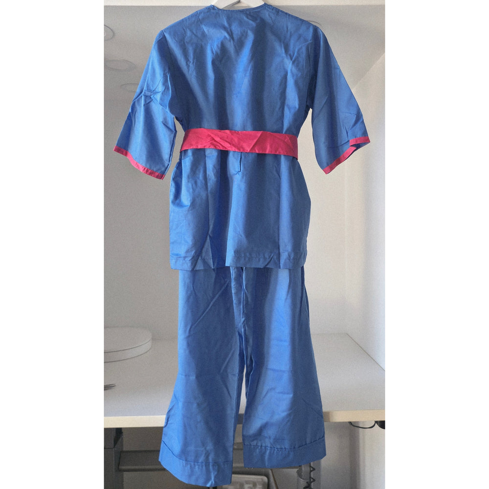 VINTAGE *NEW* 1970's Women's Blue Scrubs | Top & Pants | Kimono with Pink Belt Size S