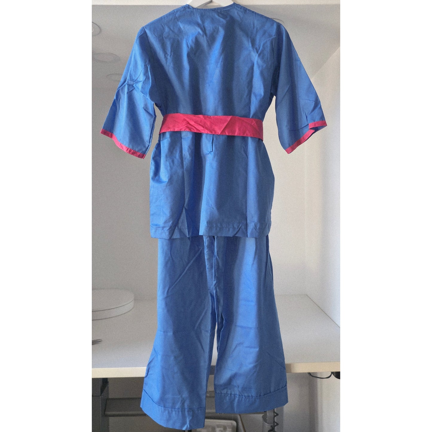 VINTAGE *NEW* 1970's Women's Blue Scrubs | Top & Pants | Kimono with Pink Belt Size S