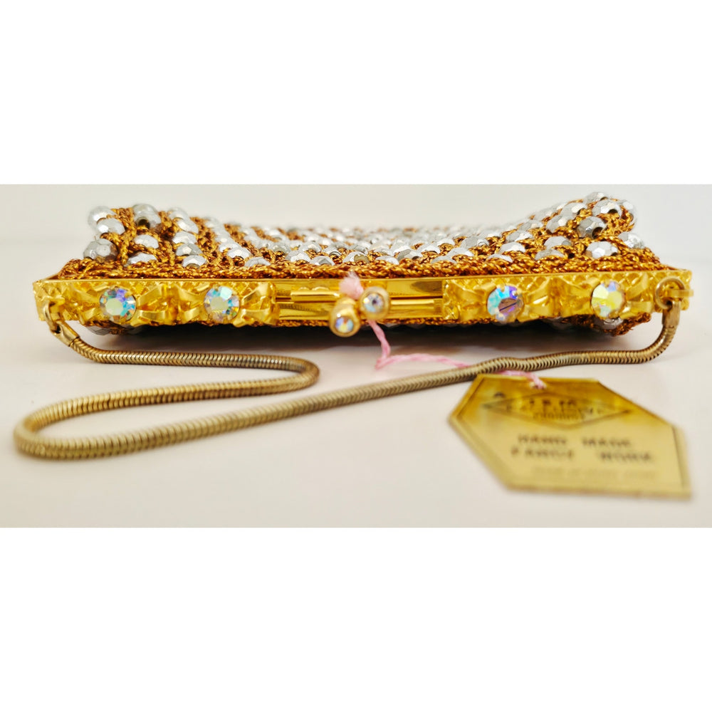 VINTAGE *NEW* 1960's Hand-Made Fancy Beaded Purse White Gold Strap
