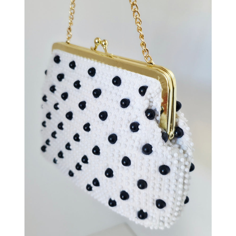 VINTAGE *NEW* 1950's White and Black Beaded Clutch Purse with Gold Chain