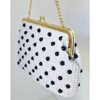 VINTAGE *NEW* 1950's White and Black Beaded Clutch Purse with Gold Chain