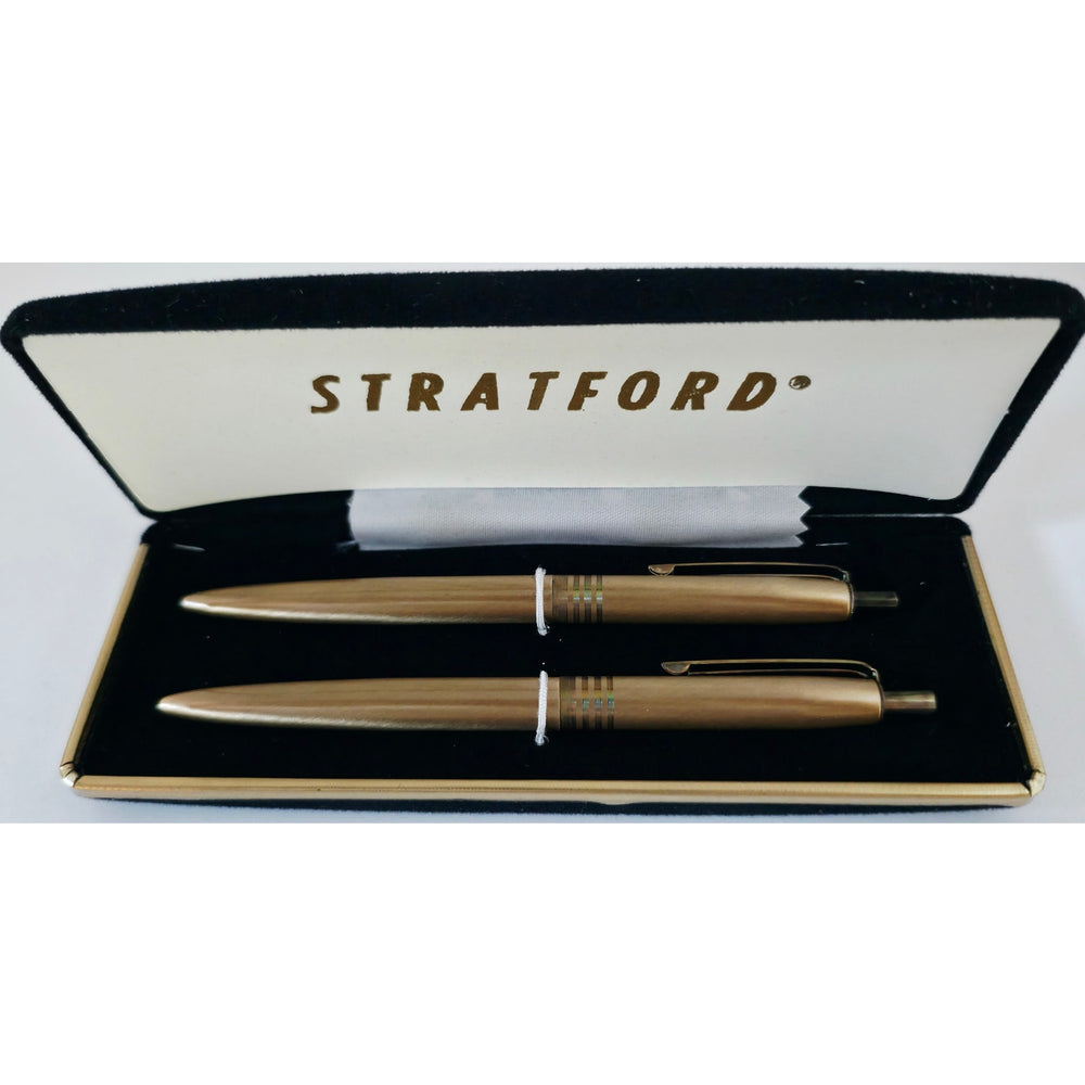 VINTAGE *NEW* 1970's Stratford Metal Pens Bronze w/Stripes in Box (6 Total)