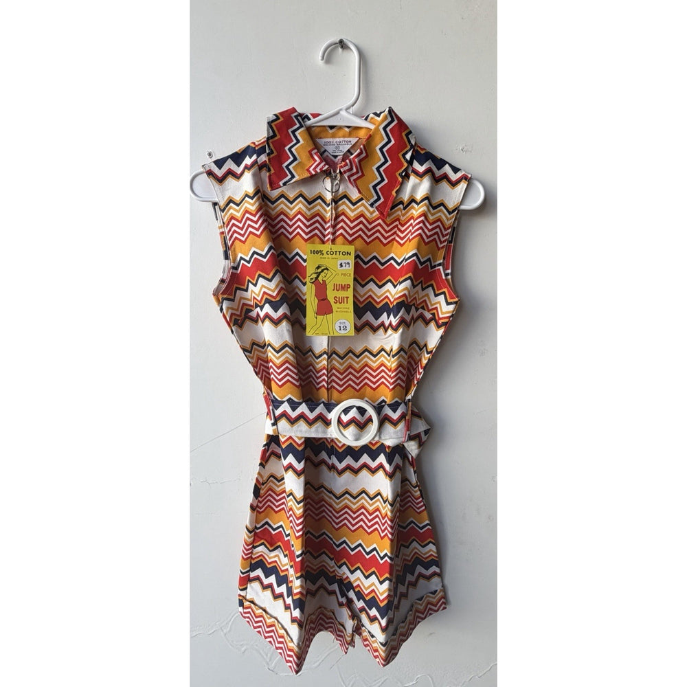 VINTAGE *NEW* 1960's Chevron Print Romper with Waist Tie Belt Size 16