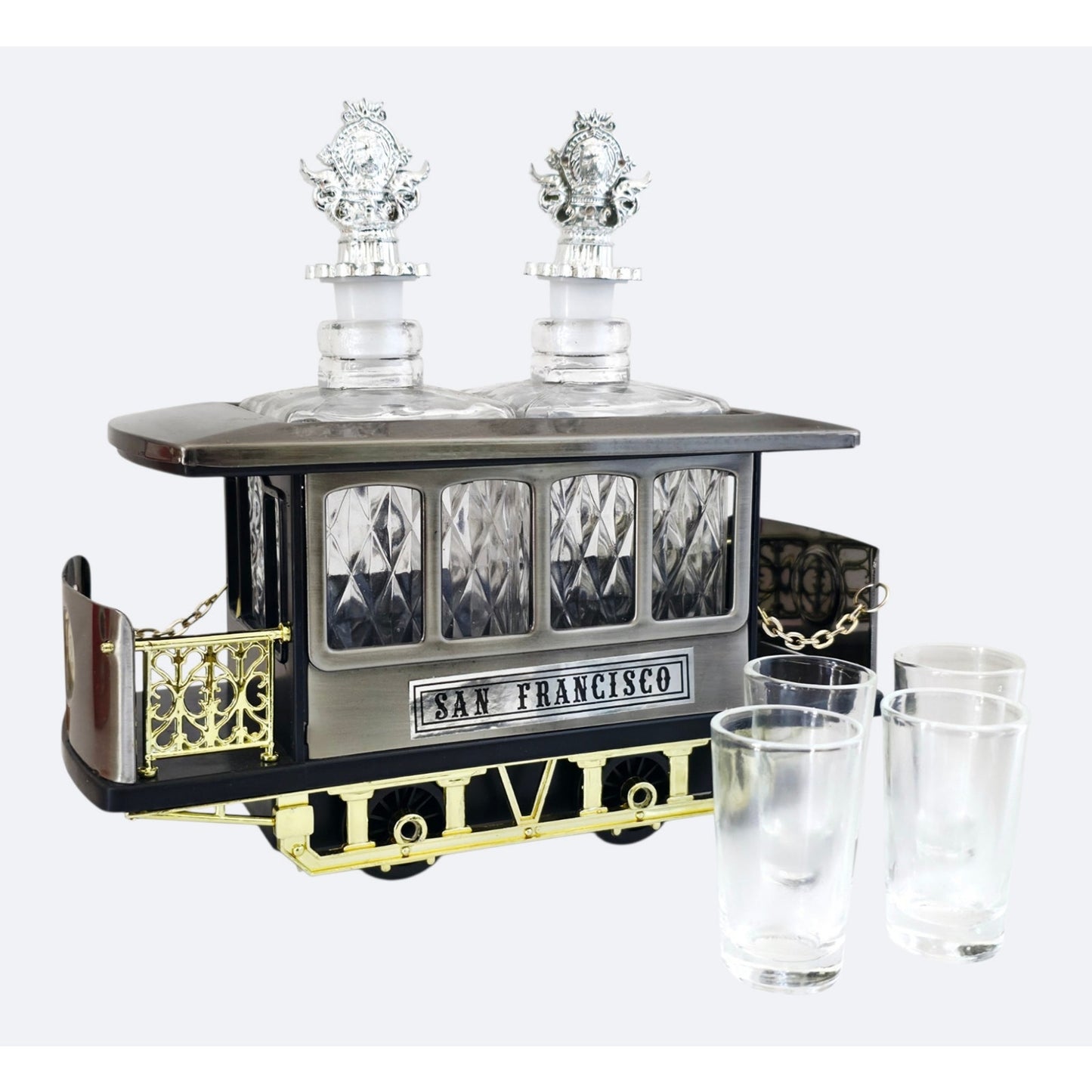 VINTAGE *NEW* 1950's Decanter Music Box San Francisco Train Car w/4 Shot Glasses