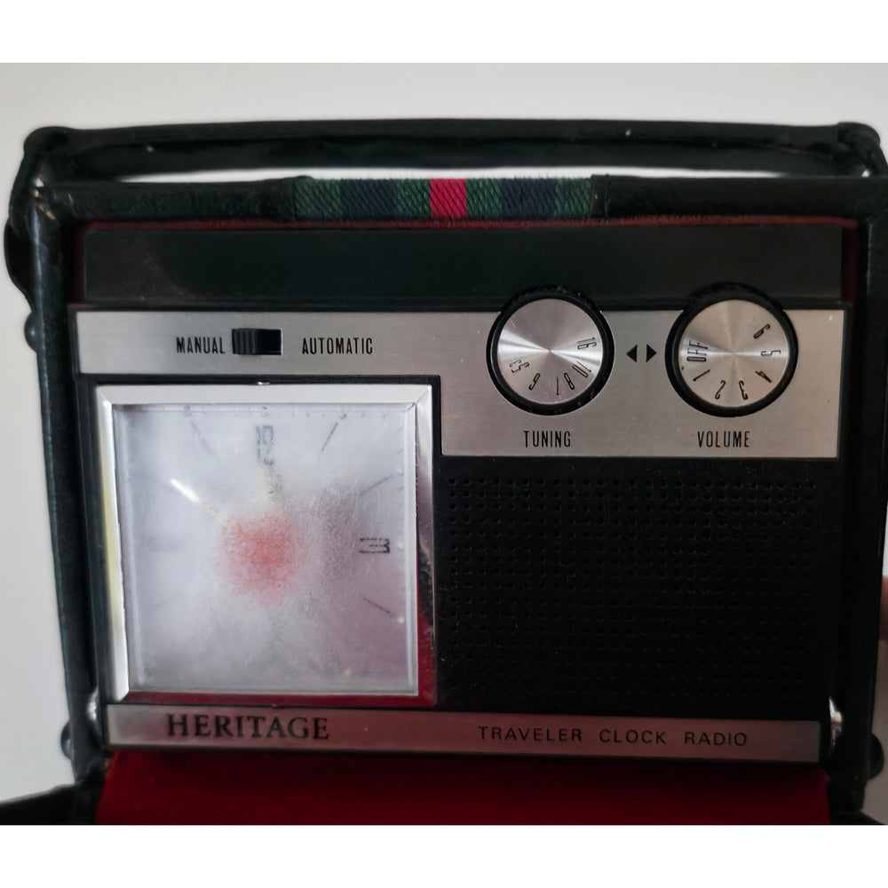 VINTAGE 1970's Heritage Travel Clock Radio Black w/Red & Green Stripe Case