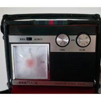VINTAGE 1970's Heritage Travel Clock Radio Black w/Red & Green Stripe Case