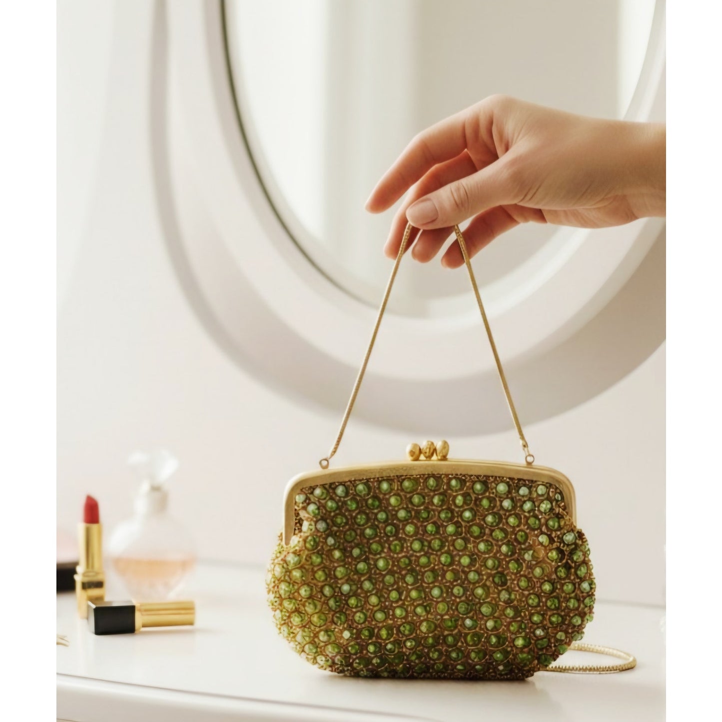 VINTAGE *NEW* 1960's Hand-Made Fancy Beaded Green Purse with Gold Strap