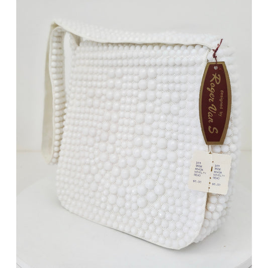 VINTAGE *NEW* 1970's Roger Van S White Beaded Purse with Adjustable Strap Hong Kong