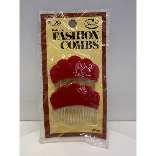 VINTAGE *NEW* 1975 Goody Kant-Slip Fashion Combs Scalloped Red USA #8050/2