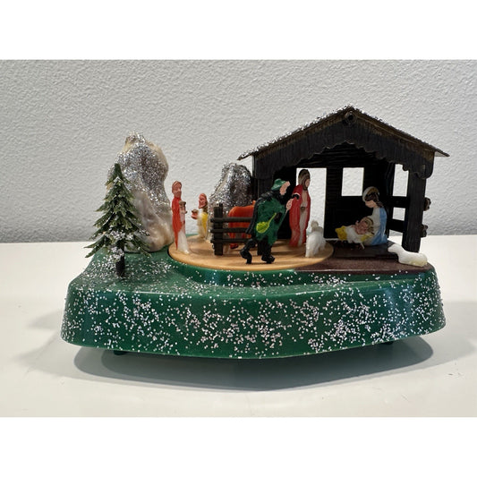 VINTAGE *NEW* 1970's Hand Painted Nativity Set Movable Stage Music Box