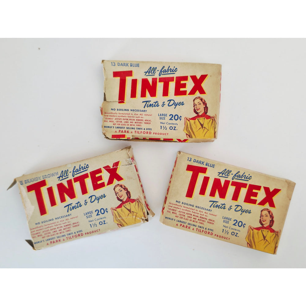 VINTAGE *NEW* 1960's TINTEX All Fabric Dyes 2 Blue 1 Brown Set of 3 1.5oz Each