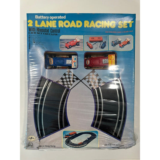 VINTAGE *NEW* Battery Operated 2-Lane Road Racing w/Shell Mobil Texaco
