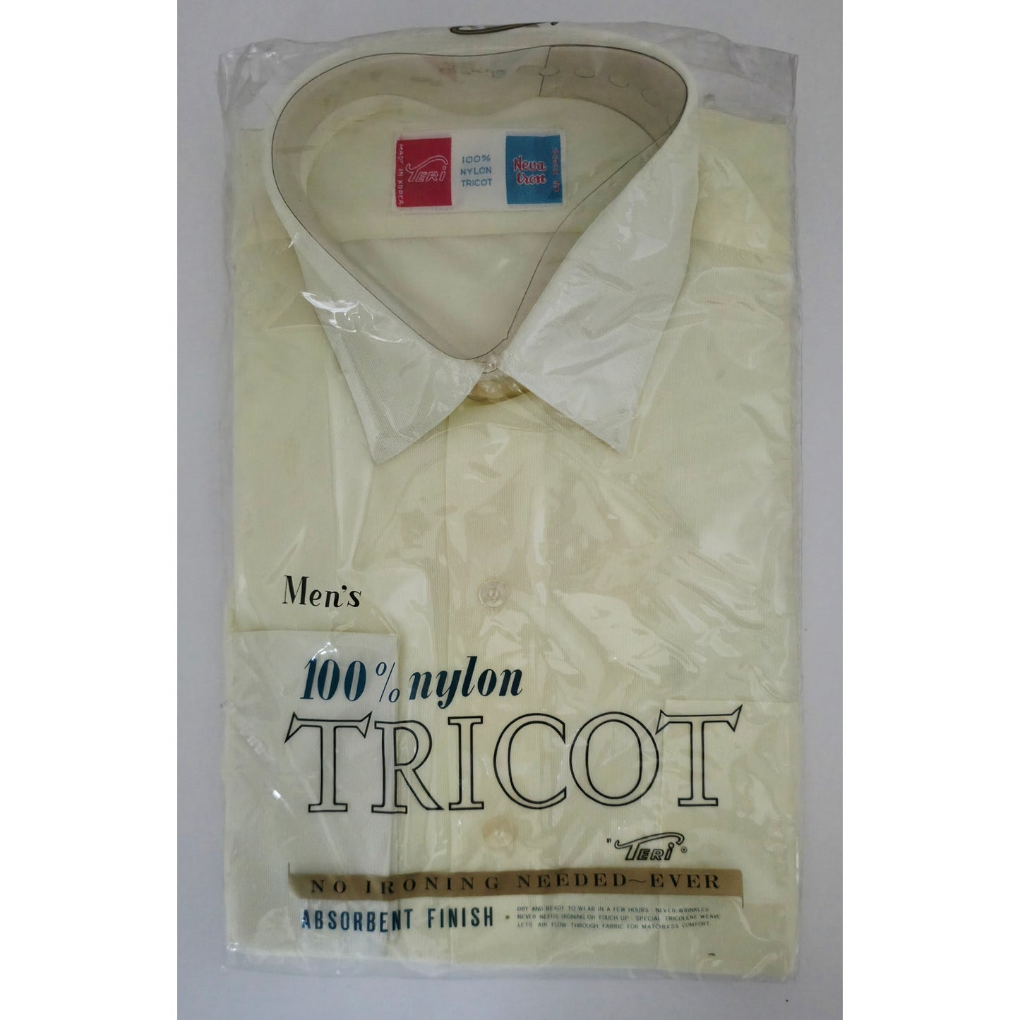 VINTAGE *NEW* 1960's Men's Light Yellow Collared Shirt 100% Nylon TRICOT Size 15.5-33