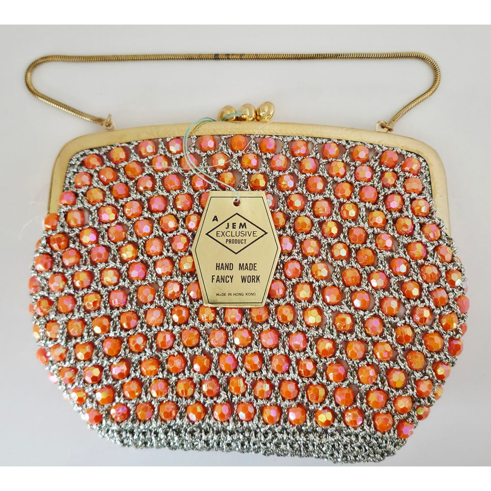 VINTAGE *NEW* 1960's Hand-Made Fancy Beaded Purse Pink with Gold Strap