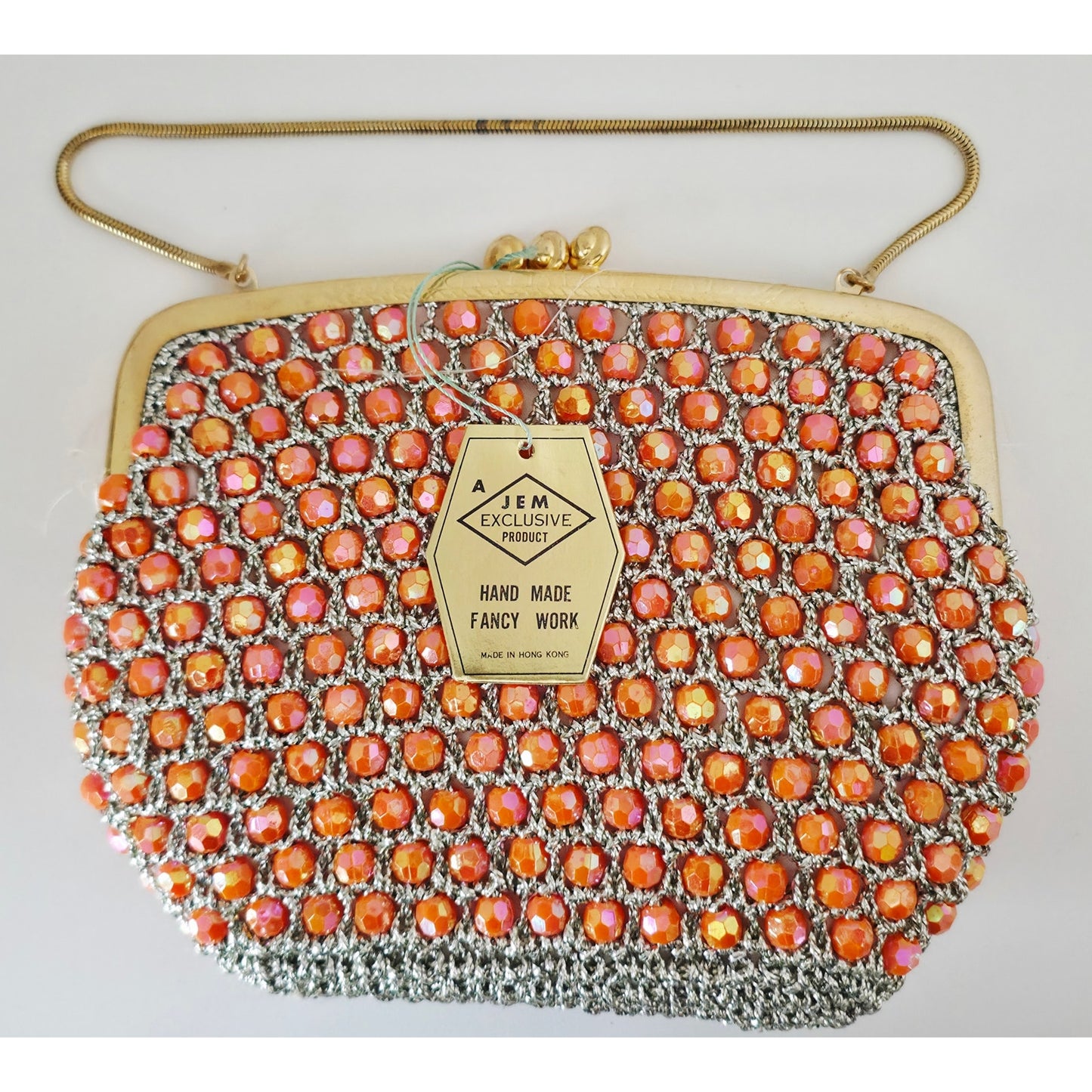 VINTAGE *NEW* 1960's Hand-Made Fancy Beaded Purse Pink with Gold Strap