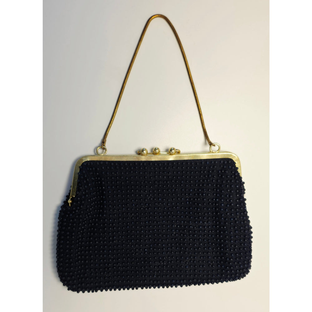 VINTAGE *NEW* 1960's Fancy Beaded Purse Dark Blue with Bronze Strap